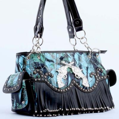 China Western Country Style Handbags Rhinestone Studded Double Guns Pistol Accent Camouflage Blue Fringe Tassel Purse Handbag For Girls for sale