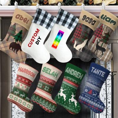 China Christmas Gift Bag Wholesale Stockings Blank Christmas Plaid Christmas Decorative Canvas Stockings Custom Sublimation Decorative Stockings for sale