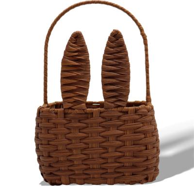 China Wholesale Stocked 2022 Easter Bunny Basket Woven Picnic Basket Storage Easter Candy Rack Imitation Rattan Children Kids for sale