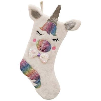 China Wholesale New Design Glitter Plush Unicorn Christmas Stocking Mantel Hanging Stocking Glitter Candy Bag for sale