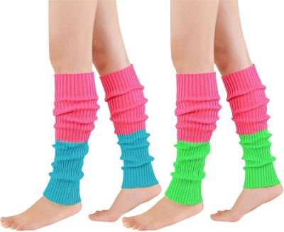 China 100% Acrylic Neon Leg Warmers Women's Two Tone Dance Party Knitted Leg Warmers 80s Adult Acrylic Ribbed Knit Leg Warmers for sale