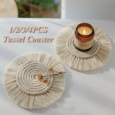 China Handmade Stocked Tassel Non-Slip Coaster Braid Cotton Mat Bohemian Macrame Cup Cushion Coffee Mug Coaster for sale