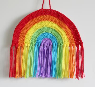 China Custom Fringed Bohemian Crochet Baby Room Bohemian Nursery Crochet Rainbow Wall Hanging for sale