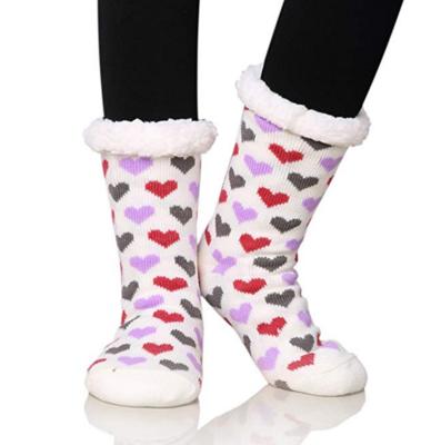 China New Anti-Slip Winter Knit Women Thick Sherpa Fleece Striped Thermal Fuzzy Christmas Fluffy Girls Slipper Socks for sale