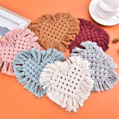 China Stocked Handmade Heart Shape Weave Tassel Coasters Dining Place Mats Crochet Tea Mat Cotton Yarn Coffee Cup Pad for sale