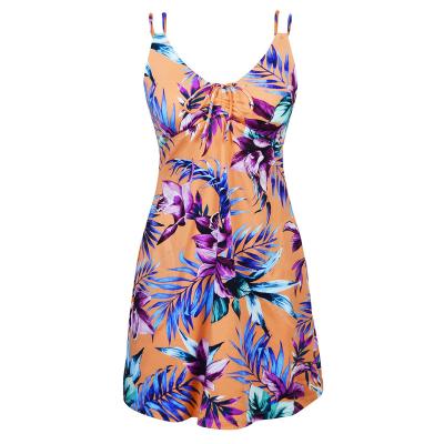 China Plus Size Dongguan Factory Designs Women's Printed Pocket Swimsuit V-Neck Beach Skirt With Double Straps for sale