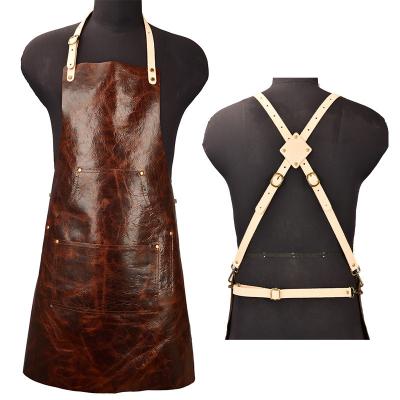 China SANITARY Pure leather apron vegetable tanned cowhide apron craftsman woodworking new outdoor cross neck apron for sale