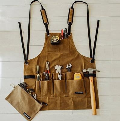 China Neatening/Storage Waxed canvas sleeveless apron pressure relief shoulder strap multi pocket bib electrician auto repairman woodworking work cloth for sale