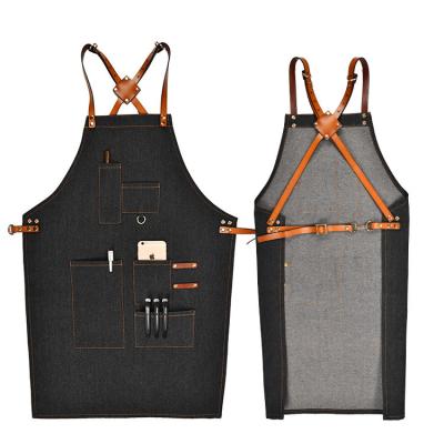 China Cleaning Multi Pocket Work Apron Denim Apron Western Cafe Painter Baked Leather Apron for sale