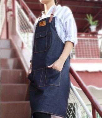 China SANITARY Heat transfer denim apron Cowhide PU leather shoulder strap advertising denim apron can be overprinted for sale