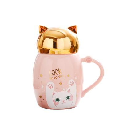 China Viable Creative Cute Ceramic Cat Coffee Mug Cartoon Cover Head Mug for sale