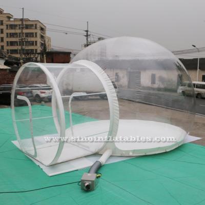 China 0.8mm PVC + 0.6mm PVC tarpaulin 6 meters large diameter bubble clear top inflatable camping tent with steel framed tunnel for glamping for sale