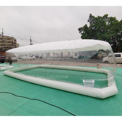 China 0.8mm clear PVC+0.6mm PVC tarpaulin 12x8 mts transparent inflatable pool dome cover tent with L shape door for swimming pool for sale