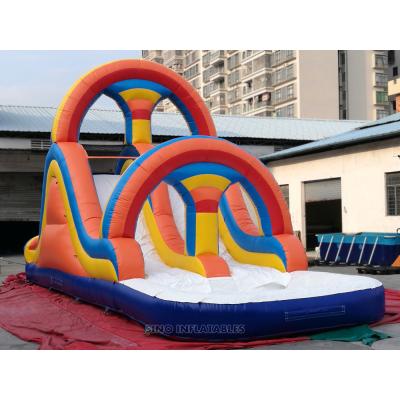 China PVC 16m Long Giant Rainbow 4 Lanes Inflatable Runner Water Slide With Pool For Outdoor Fun for sale