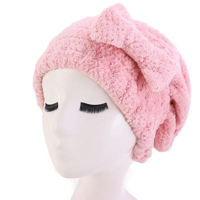 China New Fleece Pineapple Grid Hair Dry Microfiber Hat Coral Striped Quick-Drying Bow Shower Cap Hood Absorbent Hood for sale