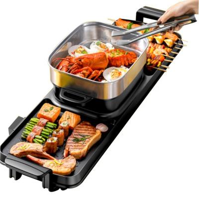 China 2in1 Barbecue Grill Pan Korean Non-Sticking Electric Outdoor Multifunctional BBQ Grill And Hot Pot for sale