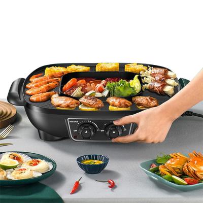 China 2in1 2200w Extra 42cm Outdoor Multifunctional Square Electric BBQ Grill with Hot Pot for Home Use Restaurant for sale