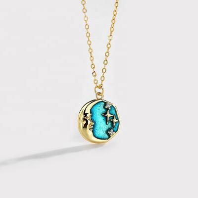 China FASHIONABLE Luxury Creative 18K Gold Plated Silver Blue Moon Star Zircon Necklace S925terling Half Moon Star Pendant For Girls for sale