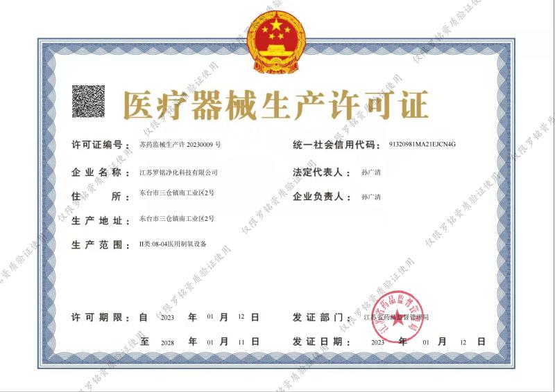 Medical device manufacturing license - Jiangsu Luoming Purification Technology Co., Ltd.