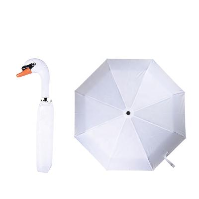 China Stylish Sun Protection Minimalist Hot Selling White Compact Foldable Umbrella With Swan Shaped Handle for sale