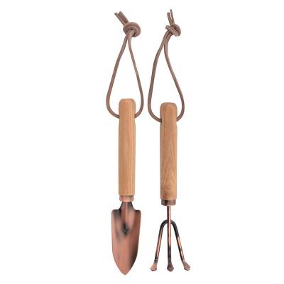 China Yard Work Garden Tool Kit - 2 Piece Indoor Garden Tools Copper Plated Mini Garden Spade Fork Sets With Wooden Handle for sale