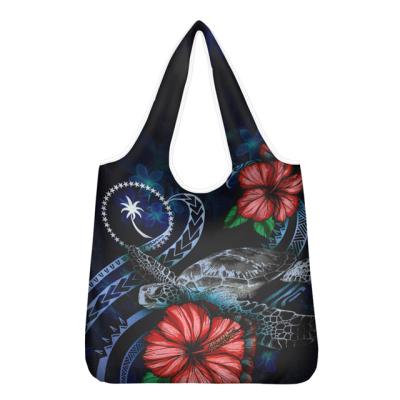 China Designable Fashion Design Chuuk Tribal Printed Black Reusable Luxury Grocery Bag Costumize Lightweight Folding Shopping Bag for sale