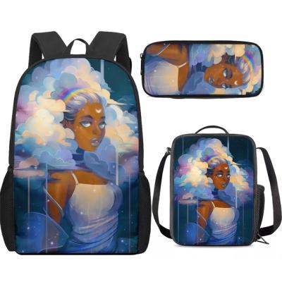 China New Arrivals Anti Theft 3 Pcs/Set Black Afro Girls Print Backpack In School Girl Stylish Muslim Backpack For Children Kids Mochila Rucksack for sale