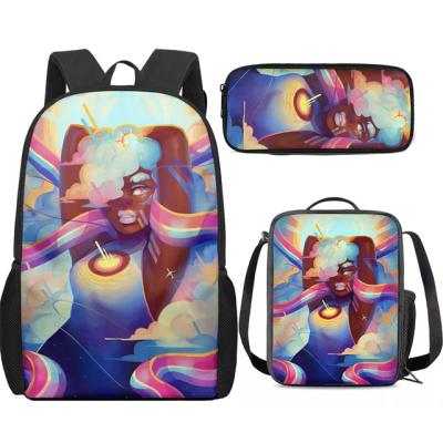 China 3Pcs/Set Cute Kids School Bags Anti-theft For Kids Black Girl Afro Lady Printing Backpack Teenagers Shoulder Satchel Magic Pencil Case for sale