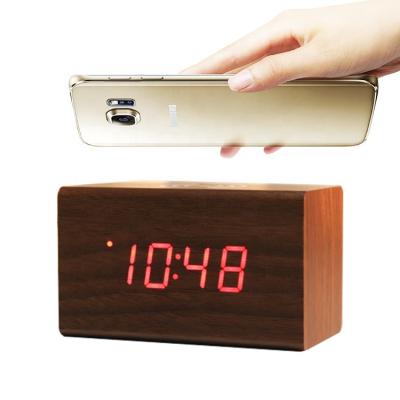 China Class Control Wooden Square Bedside Digital Voice Cube Phone Wireless Charger LED Clock for sale