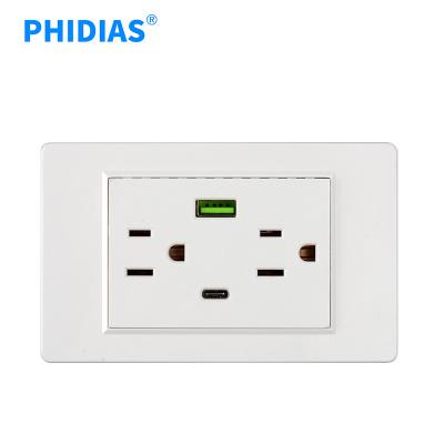 China Durable USA standard home use wall socket with usb 15A 110-220V with Type-C power charging 5V 2100MA Iphone fast charging for sale