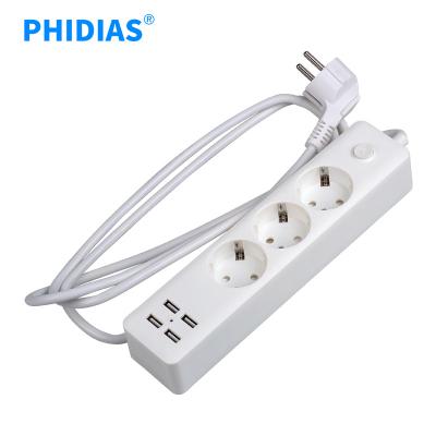 China Safety EU standard 3-gang power socket with 4 usb cord 1.8m cord white color German socket 300*70*43mm 10A 250V socket with grounding for sale