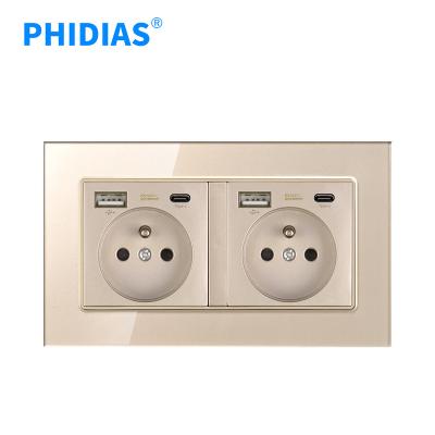 China PHIDIAS 16A Double Wall Socket Stylish French Type Gold Glass Panel With USB Type-C Fast Charging Home Use Electrical Outlet 86*146 for sale