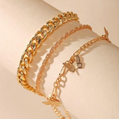 China High quality simple creative CLASSIC gold butterfly fashion multilayer anklet chain 3 pieces for sale