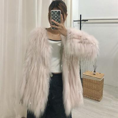 China Hot Wholesale Real Fur Coat Women Real Raccoon Fur Jacket With Sequins Real Fur Coat Along for sale