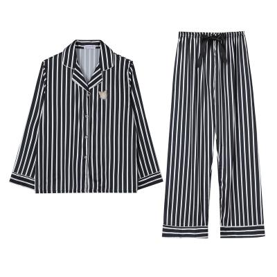 China New Hot Items Silky Black Long Fashion White Striped Personalized Pajamas Set With Button for sale