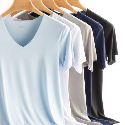 China Other Men's T-shirt Men's Ice Silk Short Sleeve V-Neckline Solid Color Elastic Free Wholesale for sale