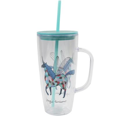 China Traditional Food Grade Juice Drinking Cups Plastic Double Wall Safe Tumbler Reusable Cup With Straw And Handle for sale