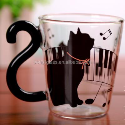 China High Viable Borosilicate Glass 300ml Cat Coffee Tumbler Beautiful,Handmade Creative Tea Cup,Gift Set Pyrex Tea Glass With Black Handle for sale