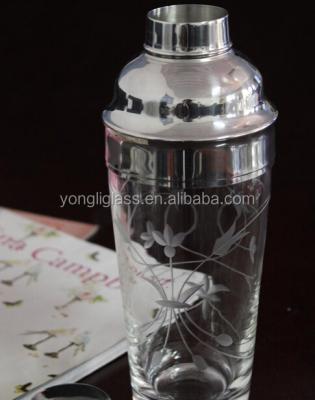 China 2021 good quality unique professtional bar shaker glass bottle with stainless steel lid, big glass shaker with pattern for sale