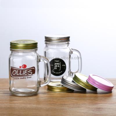 China 2018 Sustainable Hot Selling Customized Glass Mason Jars With Handle And Colorful Screw Tin Lid for sale