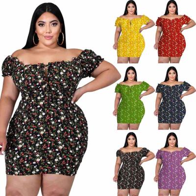 China Yys Viable Plus Size 2021 Summer Fashion Floral Print Short Sleeves Off Shoulder Casual Mini Dress for sale