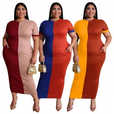 China Breathable yys 5XL plus size 2021 women summer dress fashion casual dress contrast color patchwork bodycon skinny dresses for sale