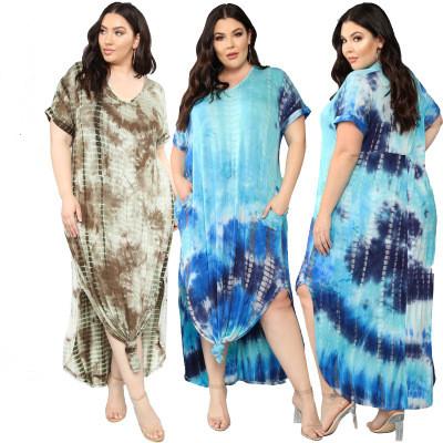 China YYS Xiamen Yiyuansen Breathable V-Neck Pocket Dye Tie Women's Loose Plus Size Dresses 2021 Women's Summer Dress Fashion Casual Dress for sale