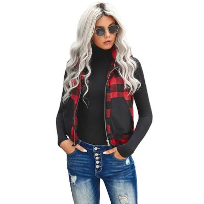 China Wholesale New Style Women's Pocket Zipper Splicing Vest Breathable Buffalo Plaid Coat Vest With Hood for sale