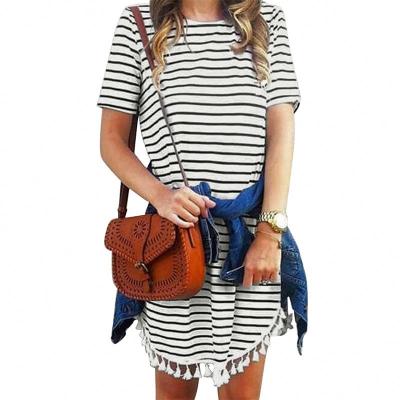 China Wholesale New Arrival Anti-Static Casual Crew Neck T-shirt Mini Dress Women Striped T-shirt Dress With Tassel for sale