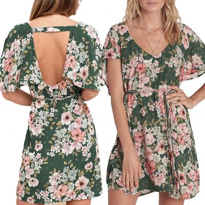 China Clothing 2021 New Design Ladies Breathable Women's Short Sleeve V-Neck Floral Print Short Dress Women Casual Dress for sale