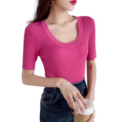 China wholesale Autumn Winter Fashion Anti-wrinkle 6 Colors Knit Short Sleeve Pullover U-Neck Knitted Pullover Ladies Ribbed Women's Sweater for sale