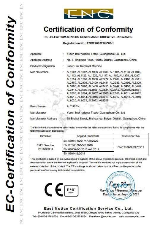 Certificoation of Conformity - Guangzhou Yusen Beauty Technology Co., Ltd.