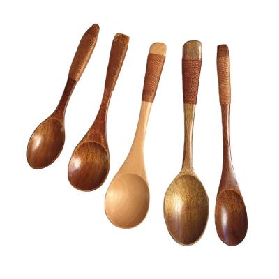 China Viable wholesale a variety of traditional wooden spoon hand tied rope small spoon children learn meal wooden small spoon is very good for sale