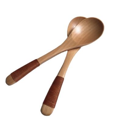 China Viable Wholesale Color Wooden Spoon Handle Round Rope Non Slip Japanese Wood Process Spoon Rice Spoon for sale